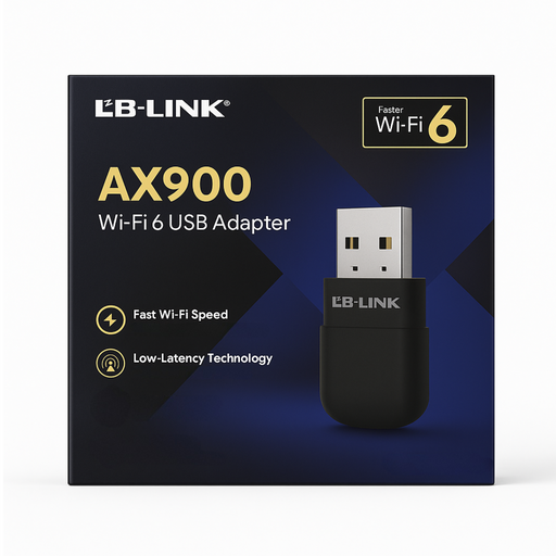 LB-Link Wi-Fi 6 USB adapter packaging with product image and branding on a blue and black background.