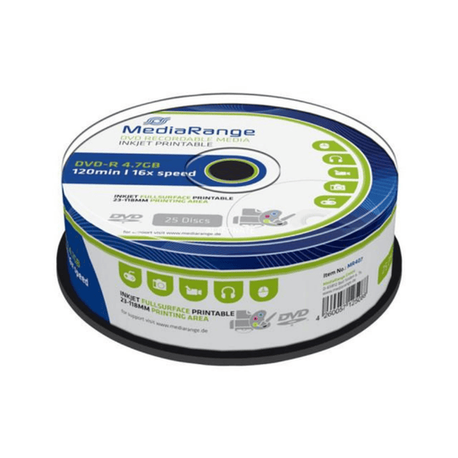 MediaRange DVD-R 16x 4.7GB - White Full-Face Inkjet Printable, 25 Pack