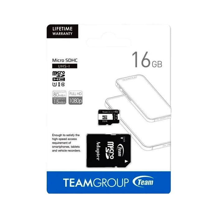 A Team Group microSD card with adapter in a white packaging, displaying the 16GB capacity - eSunrise Trade