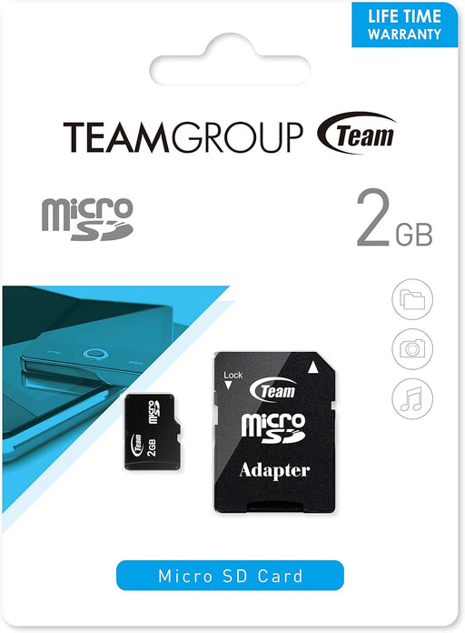 A Team Group microSD card with adapter in a white packaging, displaying the 2GB capacity - eSunrise Wholesale.