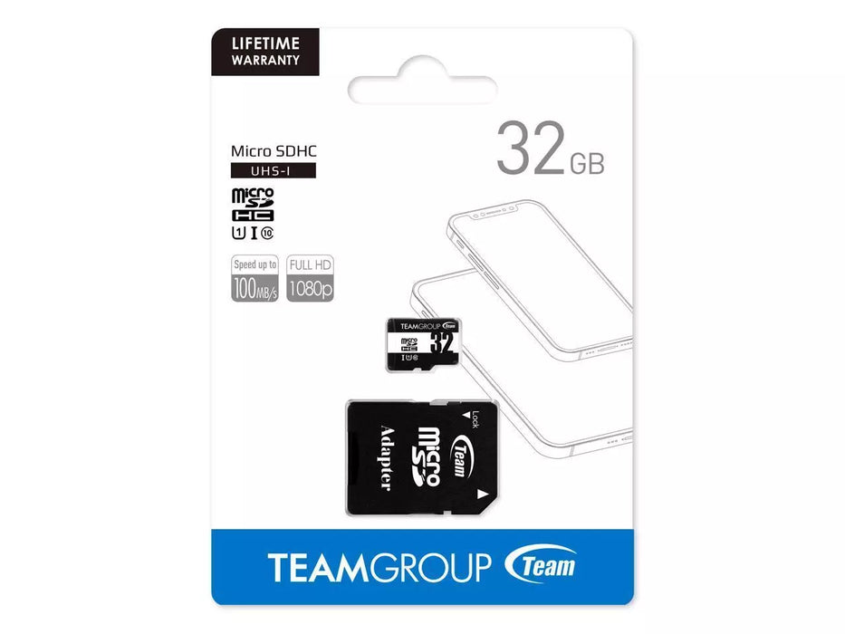 A Team Group microSD card with adapter in a white packaging, displaying the 32GB capacity - eSunrise Wholesale