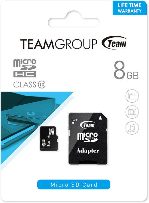 A Team Group microSD card with adapter in a white packaging, displaying the 8GB capacity - eSunrise Wholesale