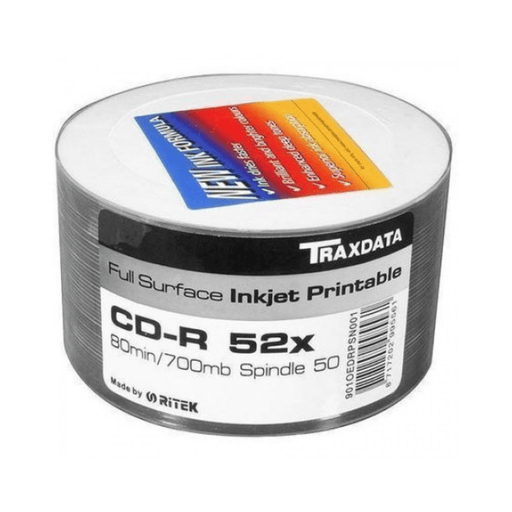 Traxdata Ritek 52x CD€‘R White Full€‘Face Inkjet Printable - 700MB, 80Min (50 Pack)