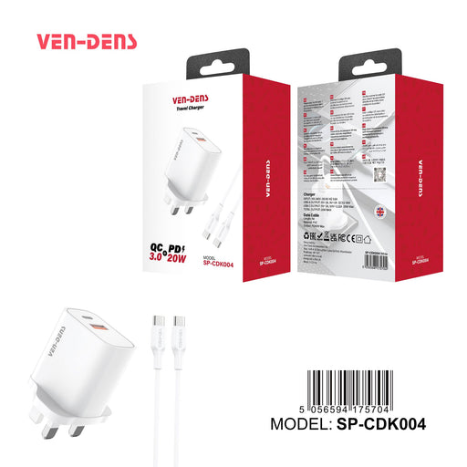 Ven Dens 20W Fast Charger with USB-C to USB-C Cable - PD & QC 3.0 Dual Port Wall Adapter Type C Fast Charging Plug White for Samsung, Google Pixel, iPad & More