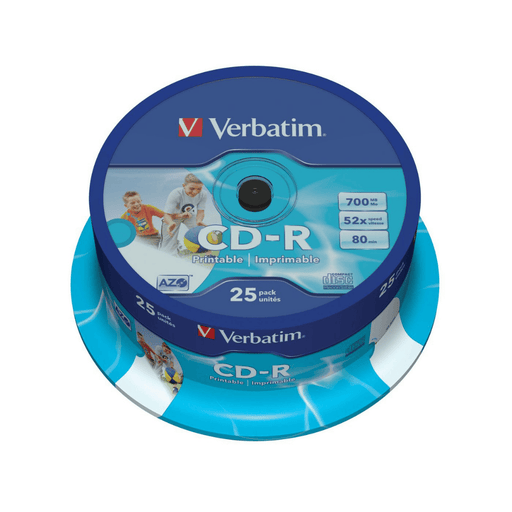 Verbatim CD-R 700MB 80 Min 52— - White Inkjet Printable, 25-Pack