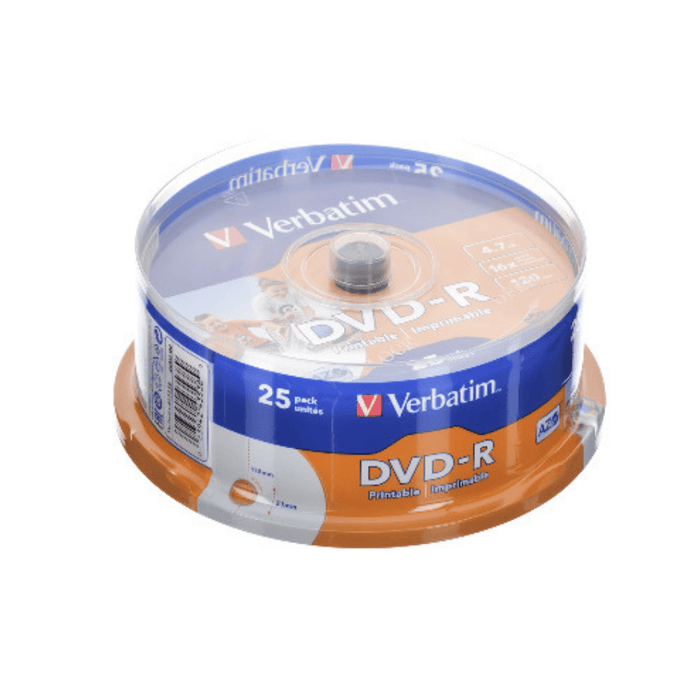 Verbatim DVD-R 16— 4.7GB - White Inkjet Printable, 120 min, 25-Pack